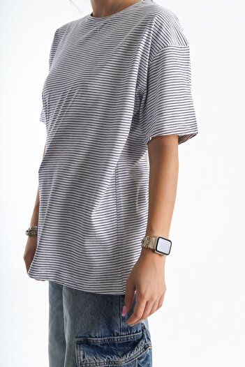 Moda Değirmeni Γυναικεία Thsirti Loose Cut Λευκό-Μπλε ριγέ - BG1196-314-0003