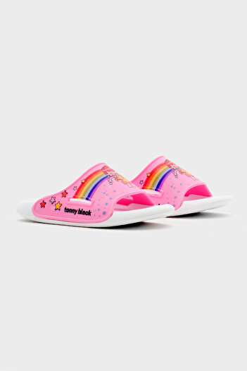 Tonny Black Pink Rainbow Patterned Girl's Slippers - Poly Sole