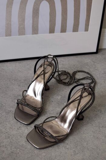 POLKA STORE Women's Diamond Jewelled Glittering Platinum Silver Lame Ankle Strap Heeled Elegant Evening Dress Shoes