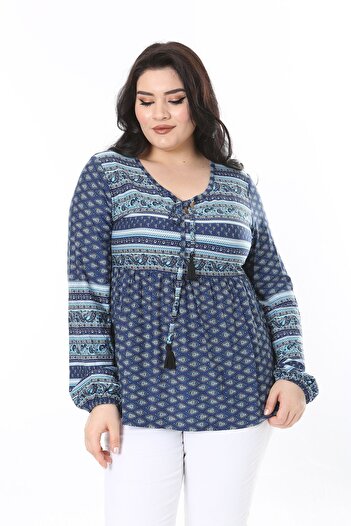 Şans Plus Size Blue Kiss Collar - Elastic Waist Detailed Μπλούζα 65N38004