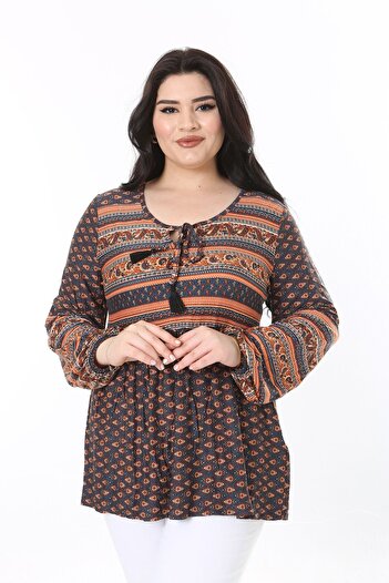 Şans Plus Size Καφέ Χρώμα Kiss Γιακάς και Ελαστική Μέση Λεπτομερής Μπλούζα - 65N38004