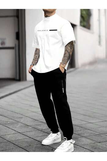 Trendglow Σετ μπλουζάκι και φούτερ Balance Stripe - Λευκό Μαύρο, Oversize Crew Neck, Jogger T-shirt