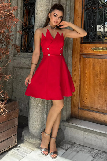 GÜLSELİ Strapless Red Stone Detailed Mini Evening Dress