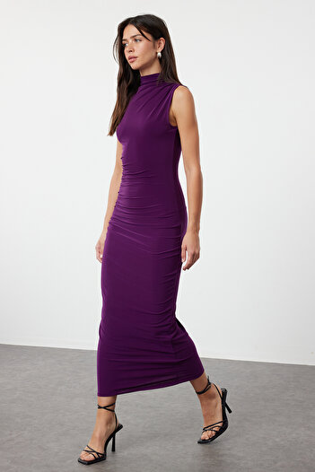 Trendyol Collection Rochie maxi tricotată elastică - mânecă zero, bodycon drapat, mov uni adunat - TWOSS24EL00101