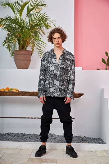 Rocqerx R-3680 Ethnic Pattern Hidden Placket Long Sleeve Shirt