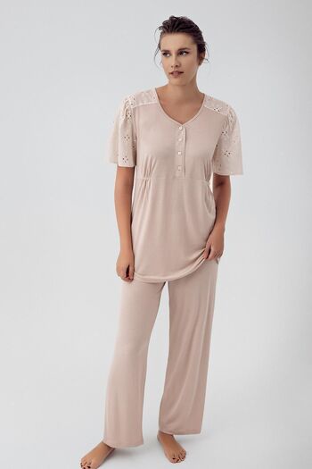 Artış Flexible Viscous Maternity Pajamas Set - Short Sleeve, Lace and Button