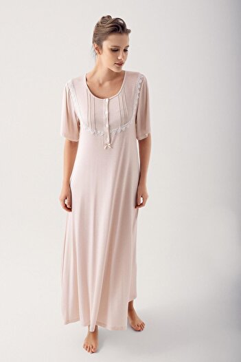 Artış Lycra Viscous Short Sleeve Nightgown Polka Dot Buttoned - 14118