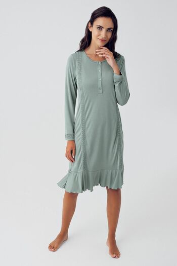 Artış Stretchy Viscous Short Nightgown - Long Sleeves and Buttons