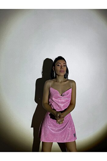 Gülşah Evecen Özel Tasarım Koyu Pembe Mini Askılı Elbise
