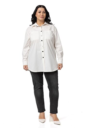 DISENTIS MODEST Ecru Plus Size Shirt - Snap Closure, Plateau, Cuff and Pocket