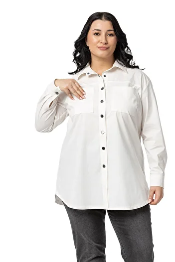 DISENTIS MODEST Ecru Plus Size Shirt - Snap Closure, Plateau, Cuff and Pocket