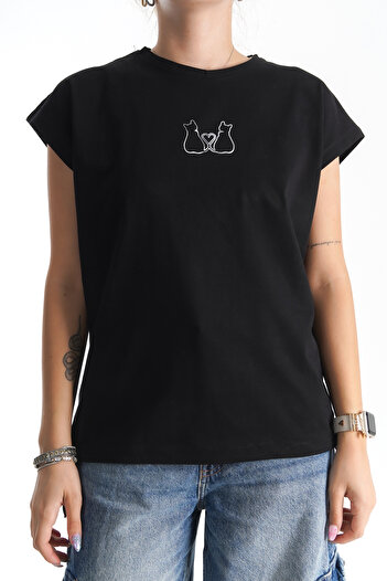 Moda Değirmeni Γυναικείο μπλουζάκι Cat Printed Μαύρο Oversize - Ελαστικό κάτω μέρος BG1192-314-0002