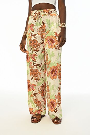 Orfeo Negro Comfortable Molded Women's Floral Pattern Elastic Waist Wide Leg Pants