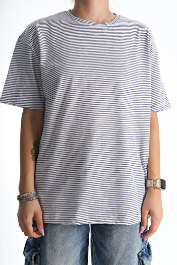 Moda Değirmeni Γυναικεία Thsirti Loose Cut Λευκό-Μπλε ριγέ - BG1196-314-0003