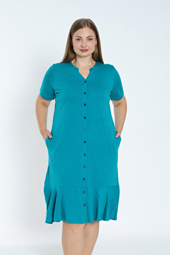 İntensive Plus Size Cotton Ruffle Dress - Short Sleeve and Button