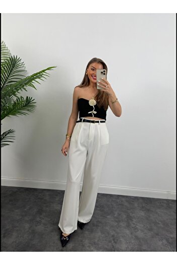 DUSOHOME Ecru Palazzo Trousers - Pleated and Flowy