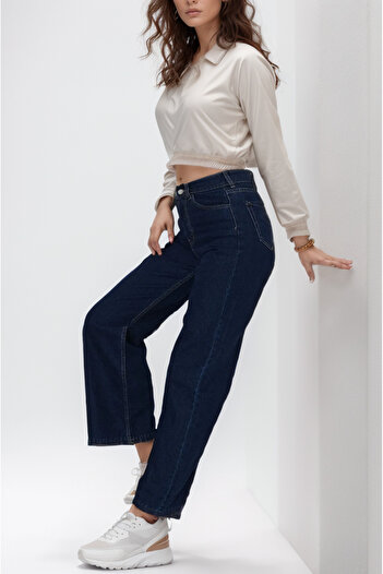 SHEVEGA High Waist and Lycra Navy Blue Loose Jeans - Wide Leg Jeans