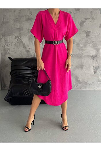 Lusin Fuchsia Linen Dress - V-Neck and Belt Detail