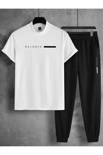 Trendglow Σετ μπλουζάκι και φούτερ Balance Stripe - Λευκό Μαύρο, Oversize Crew Neck, Jogger T-shirt