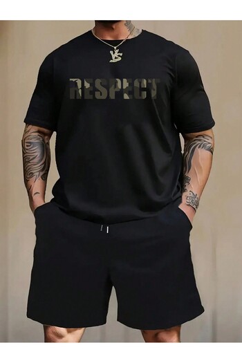 Mythologie Respect Oversize T-Shirt and Shorts Set - Black Printed, Crew Neck