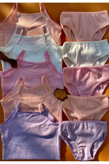 VicTroy Girl's Ribbed 5 Pieces Rope Strap Cotton Flexible Undershirt and Panty Set 34v20