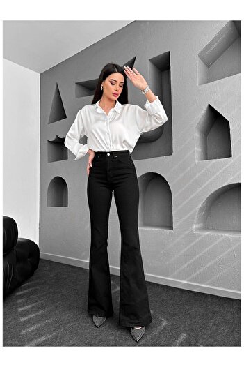 Trn JNS İspanyol Jeans Ispanyol Kot Yüksek Bel Solmaz Siyah Ispanyol Kot Pantolon ( Likralı )
