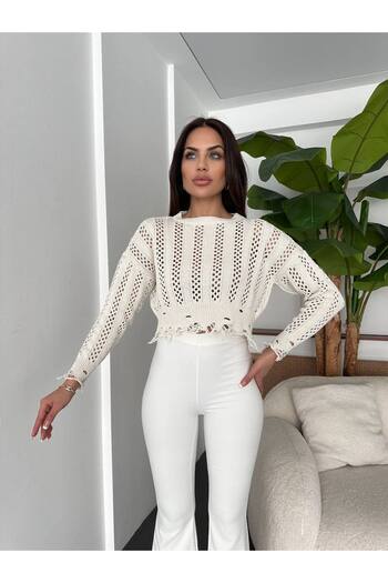 Ladyone Openwork Cotton Vintage Detailed Ripped Crop Sweater - Standard