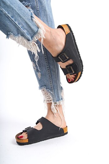 ZİESCE Women's Black NUBUCK Double Strap Adjustable Buckle Casual Slippers