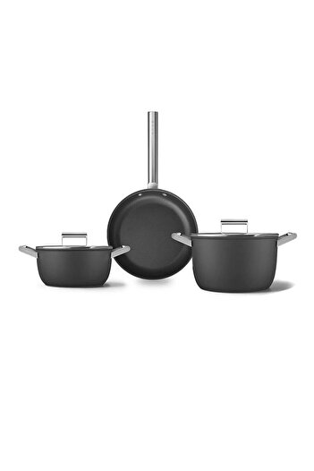 SMEG Cookware 50's Style Siyah 3'lü Tencere&tava Seti