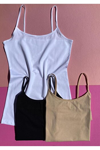 Ahmio Set of 3 Black, White and Tan Colored Cotton Women's Undershirt - Basic Model with Rope Strap