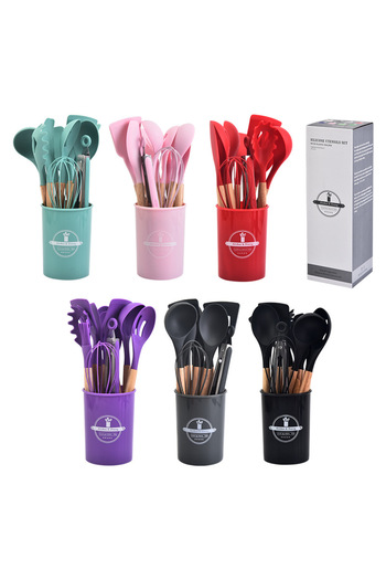Choice Khaki 12pcs 12pcs Silicone Kitchen Utensils Cooking Wooden Handle Non Stick Pot Kitchenware Set Stor