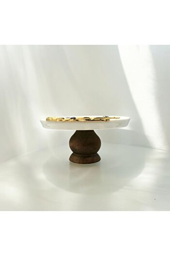 iQey Home Olive Detailed Wooden Leg Porcelain Cake Plate 20 cm