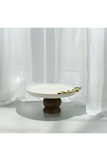 iQey Home Olive Detailed Wooden Leg Porcelain Cake Plate 20 cm