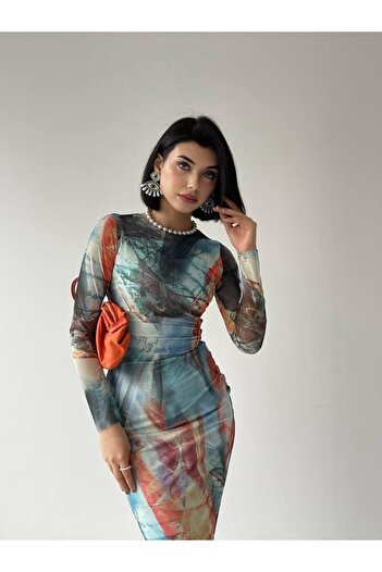 Julishop Multi-Colored Lined Midi Length Premium Tulle Dress with Print Pattern