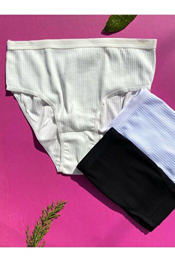 Freya Boutique Women's 3-Piece Cotton Black, White and Ecru Color Ribbed Triangle Slip Panties