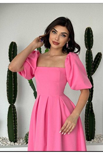 Elizar Moda TOZ PEMBE KARE YAKA PRENSES KOL ELBİSE