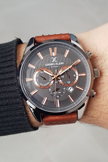 Daniel Klein Functions Active Brown Leather Strap Men's Wrist Watch
