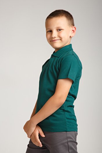 Dragora Penye Polo Yaka Koyu Yeşil Okul T-shirt
