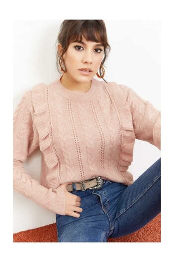 Bianco Lucci Puderfarbener, weicher Pullover mit durchbrochenem Rüschenmuster für Damen