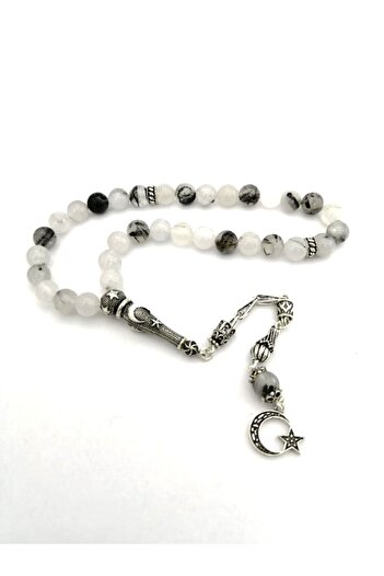 OSMANLI DEĞERLİ TAŞ 33 bucăți Rutilli Quartz Tasbih - Argint Imame și ciucuri, 8 mm, piatră naturală certificată