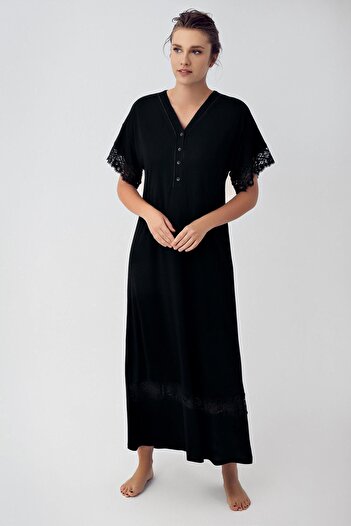 Artış Stretchy Viscous Short Sleeve Nightgown - Button and Lace