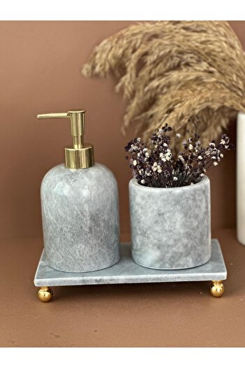 ege gross DEKORATİF DOĞAL GRI MERMER AKSESUAR DETAYLI 3 LÜ MERMER BANYO SETİ /MERMER BANYO TAKIMI