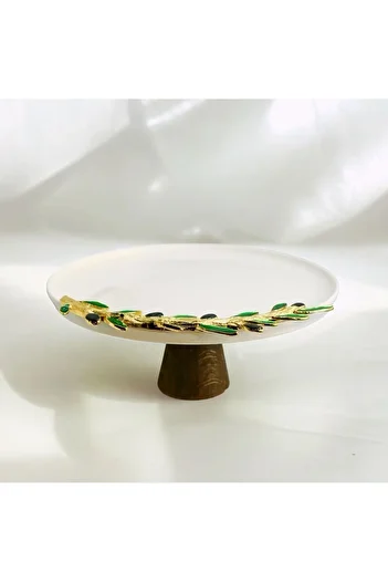 iQey Home Olive Detailed Porcelain Serving Plate with Wooden Legs 26 cm