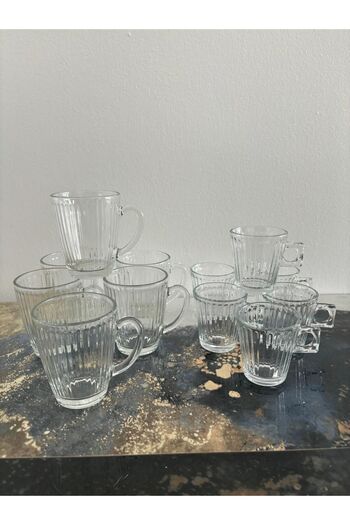DİBA AVM 12 Pieces * 6 Glass Coffee Side Cup 50 ml - 6 Glass Cup with Handle Cup Coffee Tea Cup 170ml
