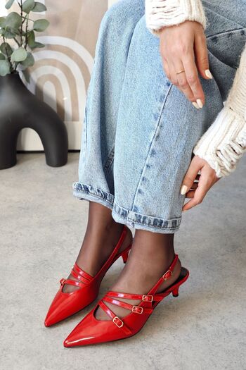 POLKA STORE Serena Pointed Toe Three-Stripe Buckle Red Patent Leather Heeled Women's Shoes