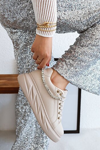 POLKA STORE Comfortable Women's Sneakers with Stone Detail - Lace-up