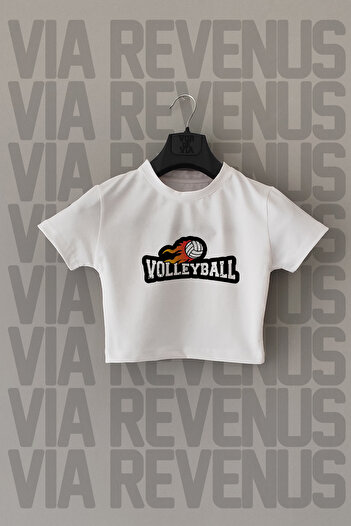Vordevia Λευκό Crop - Βόλεϊ εμπριμέ, Slim Fit, Crew Neck, Lycra