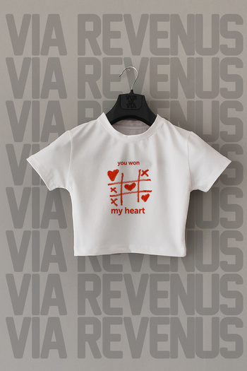 Vordevia Λευκό Crop - Lycra, Slim Fit, Crew Neck, You Won My Heart Printed