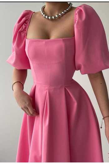 Elizar Moda TOZ PEMBE KARE YAKA PRENSES KOL ELBİSE