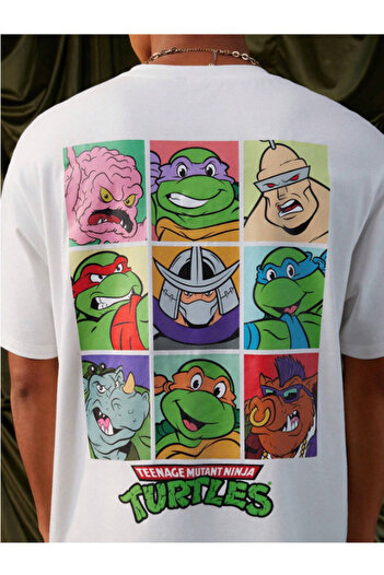 AEMİ Teenage Mutant Ninja Turtles Printed White Oversize T-shirt - 100% βαμβάκι, Crew Neck